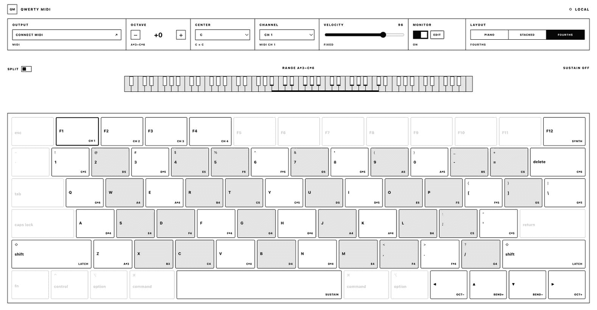 QWERTY MIDI computer keyboard controller in fourths layout